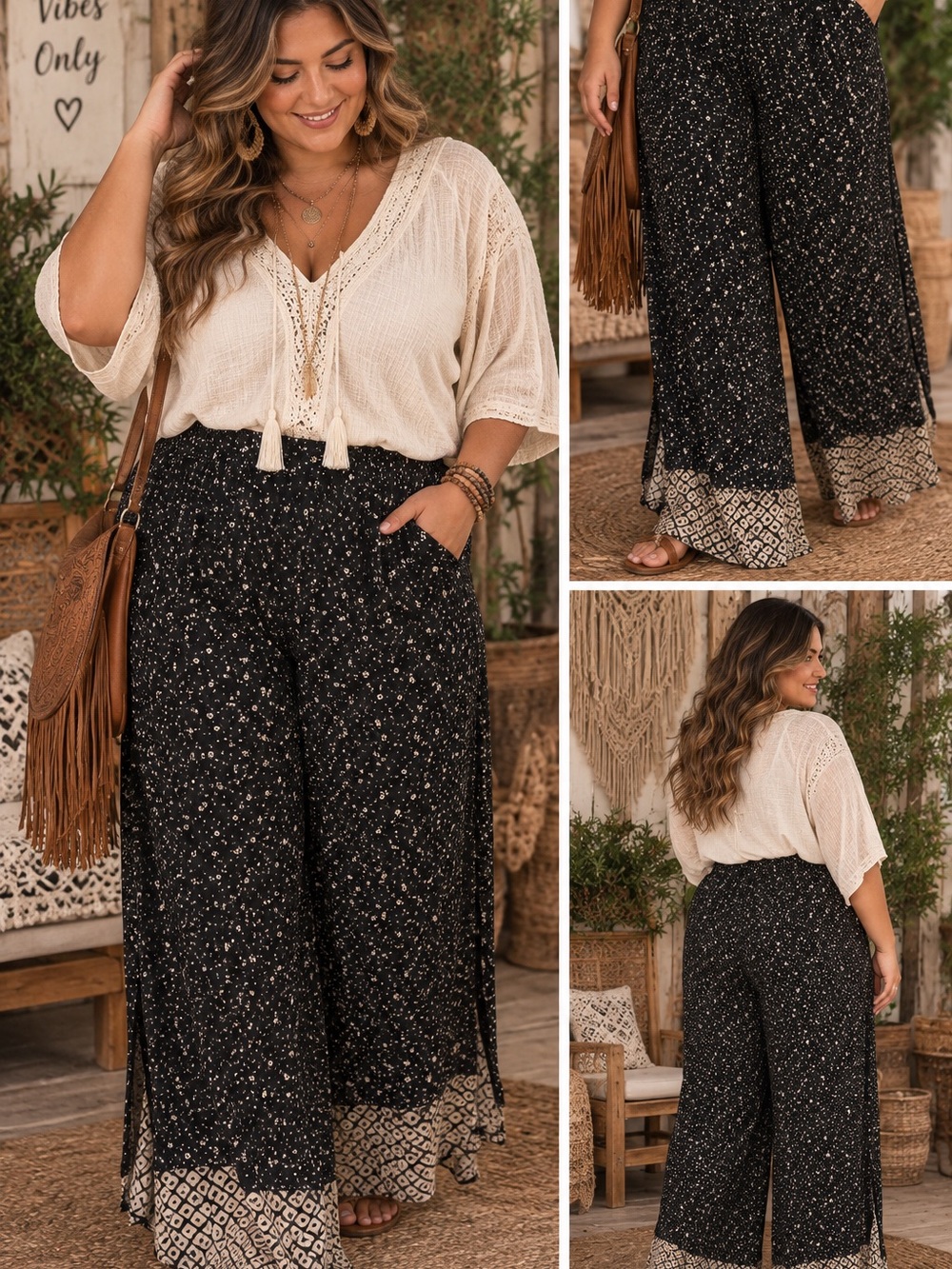 Plus-Size Black Wide-Leg Printed Palazzo Pants